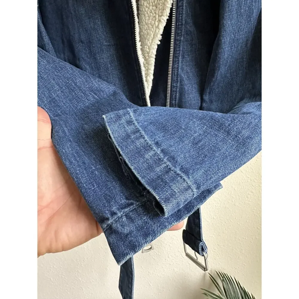 Gap Women's Denim Jacket XS Sherpa Lined Biker Belt Buckle Blue 1969